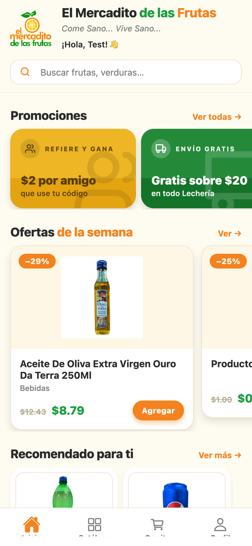 Pantalla de inicio de la app El Mercadito de las Frutas con el catálogo de productos