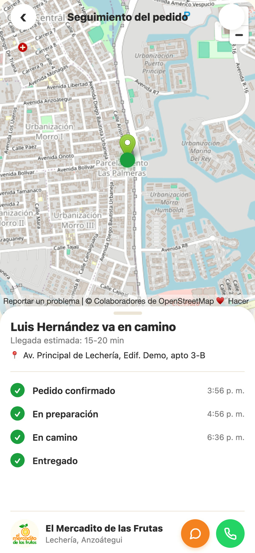 Pantalla de la app: seguimiento del pedido en el mapa, con el repartidor en camino